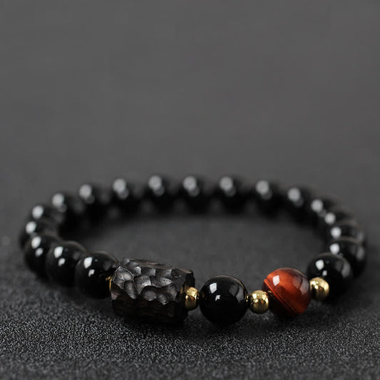Schwarzes Obsidian-Ebenholz-Rot-Tigerauge-Kraft-Paararmband