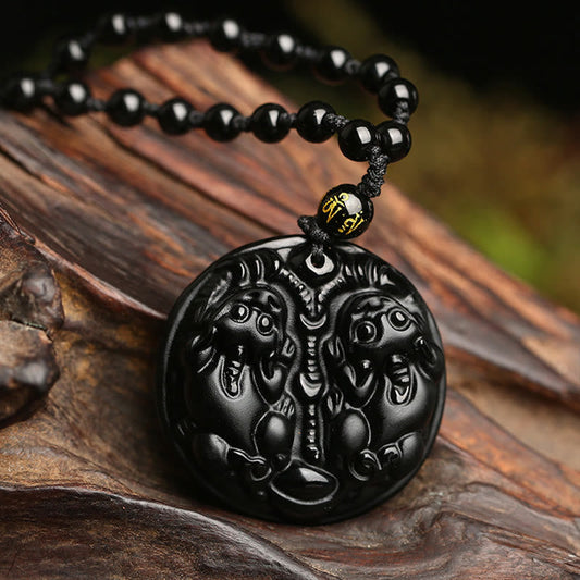 Spiritualität Buddha Karma Schwarzer Obsidian Doppelte Pixiu-Perle Seil Reinigung Halskette Anhänger