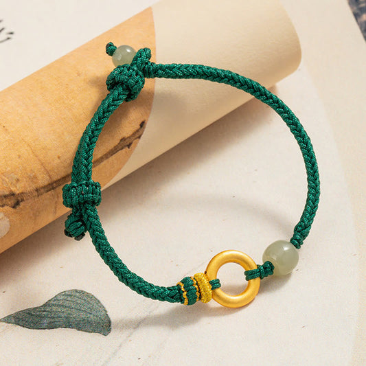 Antikes tibetisch-buddhistisches Armband mit roter Schnur, Friedensschnalle aus 999er Sterlingsilber, Hetian-Jade-Perle und grünem Seil 