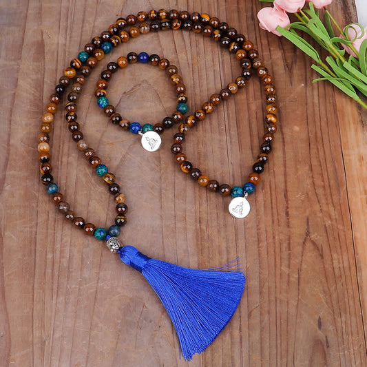 Spiritualität 108 Mala-Perlen Tigerauge Buddha Stärke Armband Quastenkette Anhänger