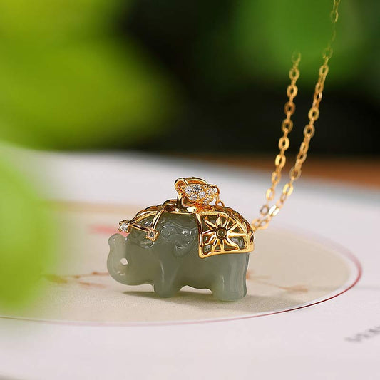Jade  925 Sterling Silver Jade Elephant Blessing Fortune Necklace Chain Pendant
