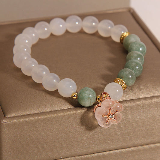 Jade  White Agate Jade Flower Charm Luck Protection Bracelet