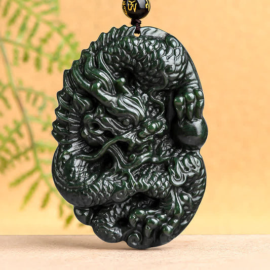 Jade  Hetian Cyan Jade Dragon Success Harmony Necklace Beaded String Pendant