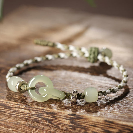 Antikes tibetisch-buddhistisches Armband mit roter Schnur aus natürlichem Hetian-Jade, Friedensschnalle und Glückssymbol 