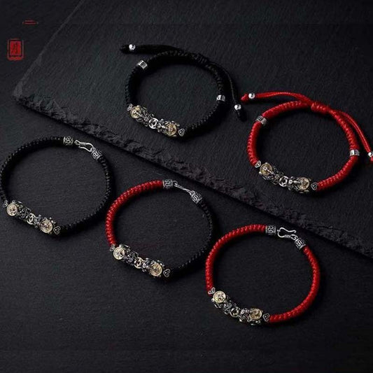 Ancient Tibetan Buddhist Red String Tradition  925 Sterling Silver PiXiu Prosperity String Braided Bracelet
