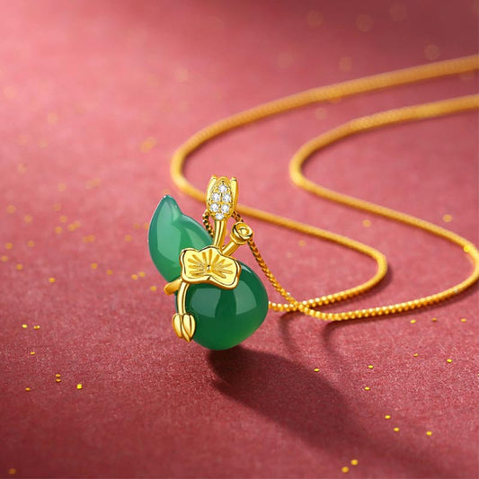 Jade  Cyan Jade Gourd Lotus Leaf Abundance Pendant Necklace