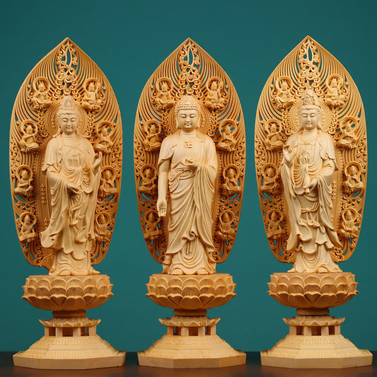 Spiritualität, handgefertigt, Kwan Yin, Avalokitesvara, Tathagata, Mahasthamaprapta, Bodhisattva-Statue, Buchsbaum, Fülle, Dekoration 