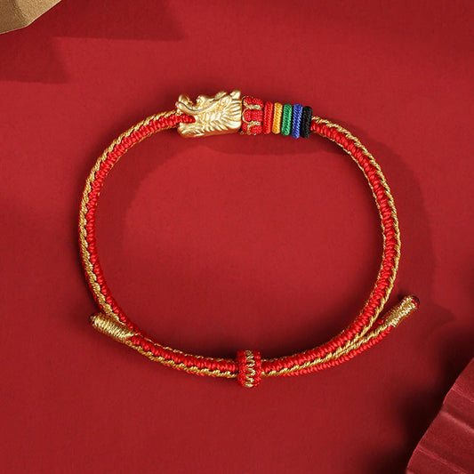 Altes tibetisch-buddhistisches Armband aus rotem Seil, 999er Sterlingsilber, Glücksbringer im Jahr des Drachen 