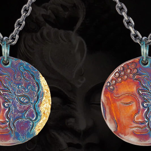 Buddha-Energie-Halskette, Anhänger aus 999er Sterlingsilber und 24-karätigem Gold, halb Dämon, halb Buddha, Symbol des Mitgefühls