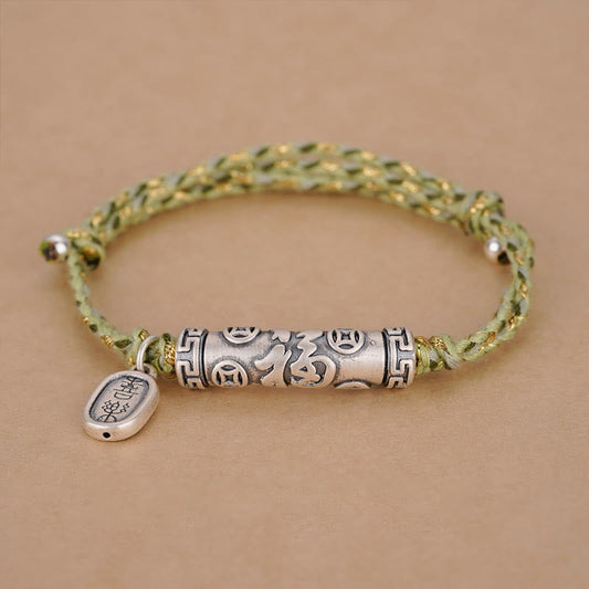 Antikes tibetisch-buddhistisches Armband mit roter Schnur, 999 Sterlingsilber, Fu-Zeichen, Kupfermünzen-Design, Glücksarmband 