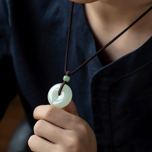 Jade  Natural Round Jade Peace Buckle Luck Prosperity Necklace Pendant