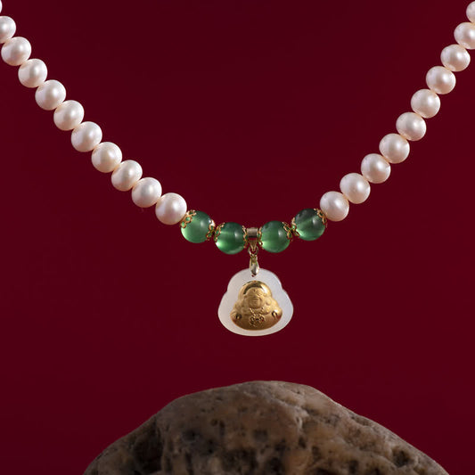 Buddha-Energie-Halskette, 999er Gold, lachender Buddha, Hetian-Jade, weiße Perle, Segensanhänger