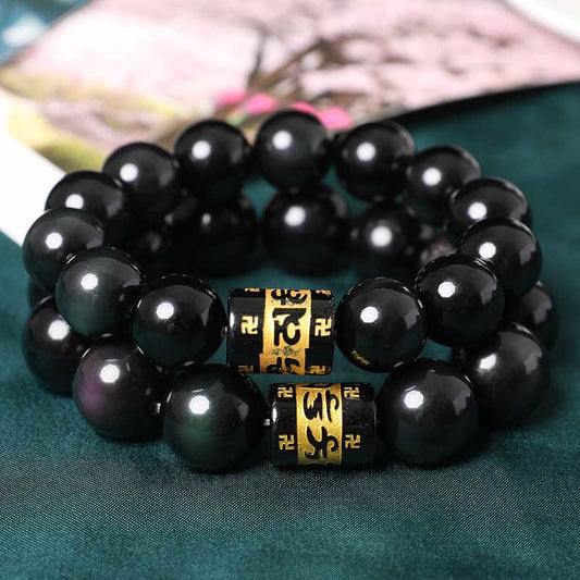 Spirituality Buddha Karma Rainbow Obsidian Om Mani Padme Hum Swastika Positive Bracelet