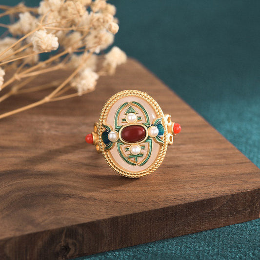 Jade  White Jade Red Agate Happiness Luck Ring