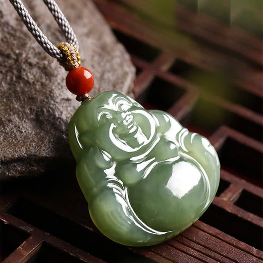 Collier d'énergie Bouddha, Bouddha rieur, pendentif en jade Hetian, collier d'abondance.