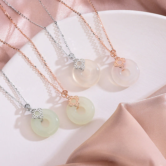 Jade  925 Sterling Silver Natural Hetian White Jade Chalcedony Coin Peace Buckle Luck Necklace Pendant