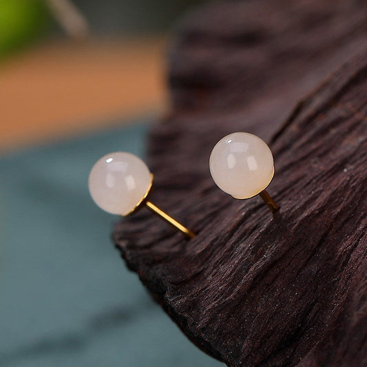 Jade  925 Sterling Silver Round White Jade Blessing Stud Earrings