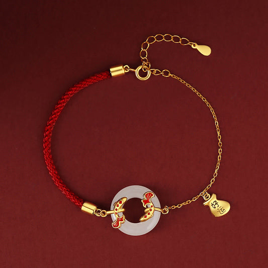 Jade 999 Sterling Silber Hetian Weißer Jade Doppel-Koi-Fisch Friedensschnalle Glücksbringer-Armband