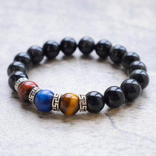 Bracelet de force en obsidienne noire naturelle tricolore œil de tigre