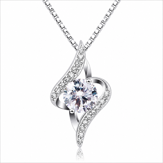 Eternal Radiance 925 Sterling Silver Wave Pendant Necklace – Sparkling Solitaire Luxury Gift for Your Beloved