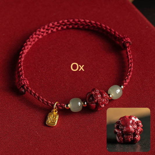 Altes tibetisch-buddhistisches Armband aus rotem Seil mit natürlichem Zinnober und chinesischen Tierkreiszeichen (Hetian-Jade, Fu-Zeichen) 