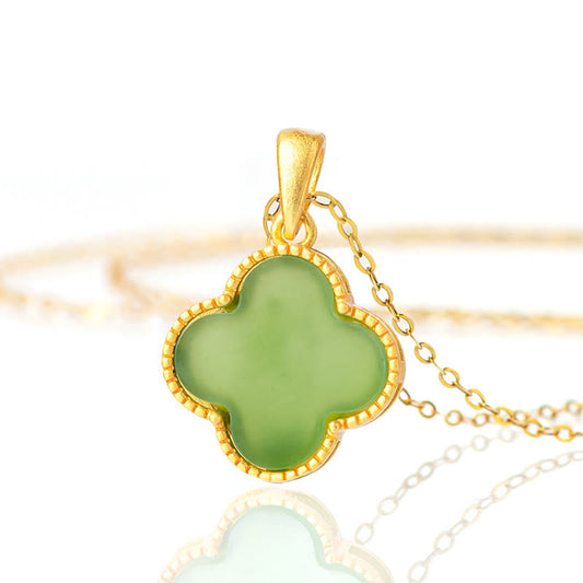 Jade  925 Sterling Silver Natural Hetian Jade Luck Four Leaf Clover Necklace Pendant