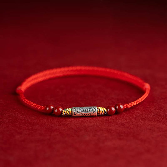 Spiritualität Buddha Karma 925 Sterling Silber Koi Fisch Zinnoberperle Reichtum Handgefertigtes geflochtenes Armband Fußkettchen 