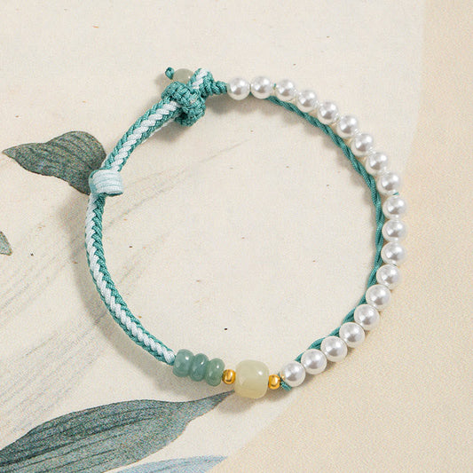 Ancient Tibetan Buddhist Red String Tradition  925 Sterling Silver Hetian Jade Braided Rope Pearl Abundance Bracelet