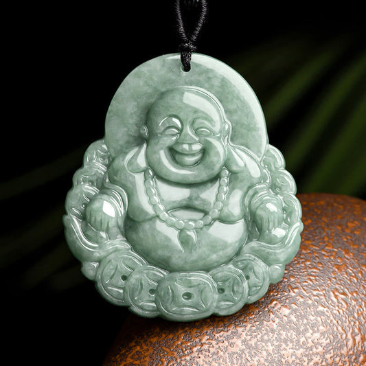 Buddha-Energie-Halskette mit lachendem Buddha-Anhänger aus natürlichem Jade und Kupfer – ein Symbol für Reichtum und Fülle.