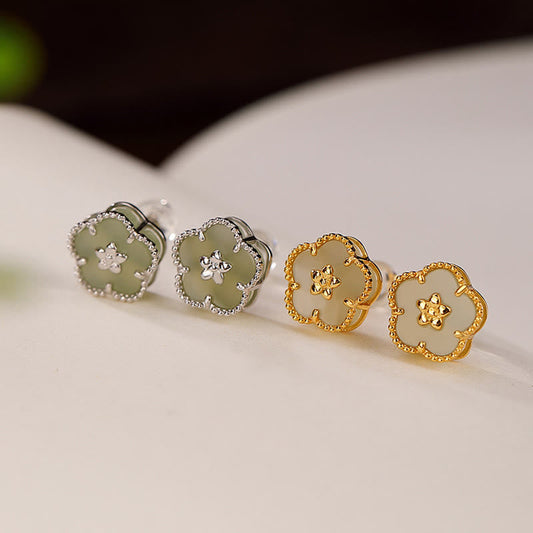 Jade  925 Sterling Silver Hetian Jade Plum Flower Luck Stud Earrings