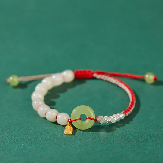 Jade  925 Sterling Silver Hetian Jade Peace Buckle Beaded Luck Happiness Charm Bracelet