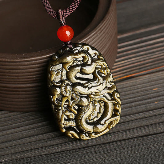 Spiritualität Buddha Karma Gold Glanz Obsidian Drachenmuster Erfolgshalskette Anhänger 