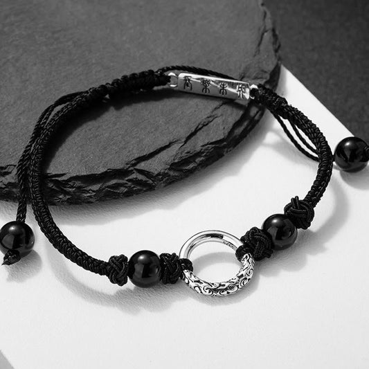 Ancient Tibetan Buddhist Red String Tradition  925 Sterling Silver Black Onyx Peace Buckle Protection Bracelet
