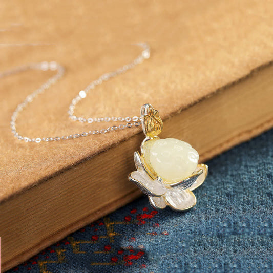 Jade  White Jade Lotus Flower Happiness Necklace