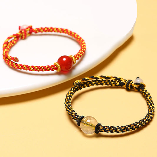 Ancient Tibetan Buddhist Red String Tradition  Handmade Red Agate Amethyst Golden Rutilated Quartz Pink Crystal Bead Calm Braided Bracelet