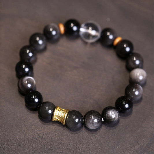 Spiritualität Buddha Karma Natürlicher Silberglanz Obsidian Kristall Om Mani Padme Hum Perlen Schutzarmband
