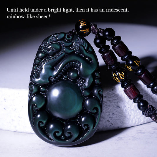 Spirituality Buddha Karma  Tibetan Positive Rainbow Obsidian PiXiu Necklace