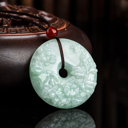 Jade  Round Jade Peace Buckle Peony Flower Abundance Necklace Pendant