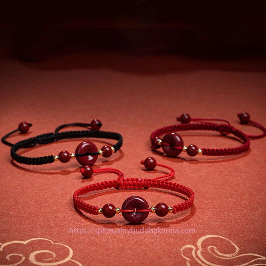 Bracelet de la paix en cinabre naturel, boucle de bénédiction, selon la tradition bouddhiste tibétaine ancestrale du fil rouge 