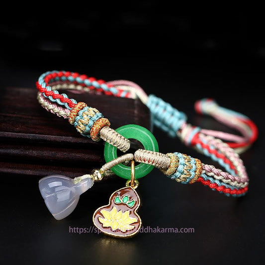 Jade  Colorful Rope Chalcedony Lotus Jade Peace Buckle Harmony Gourd Charm Bracelet