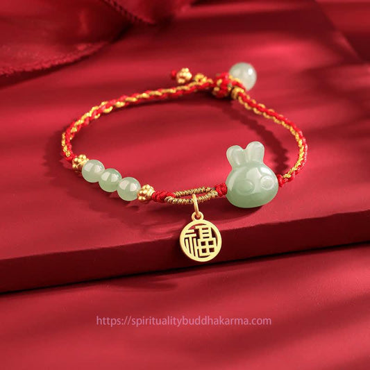 Jade-Armband aus 925er Sterlingsilber, Jahr des Hasen, Hetian-Jade, Glückssymbol, rote Schnur 