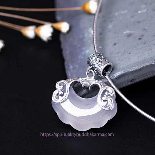 Jade  925 Sterling Silver Natural Chalcedony Lock of Good Wishes Koi Fish Luck Necklace Pendant