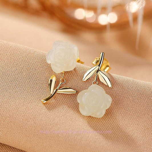 Jade  925 Sterling Silver Plated Gold Jade Rose Flower Cyan Jade Pearl Luck Earrings
