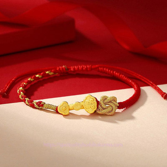 Tibetisches Knoten-Schutzarmband aus 999er Sterlingsilber mit Ruyi-Griff und Fu-Zeichen – Glücks- und Seilarmband 