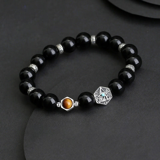 Spiritualität Buddha Karma Armband aus 925er Sterlingsilber, schwarzem Obsidian und Tigerauge – Armband der Vorsehung – Reinigungsarmband