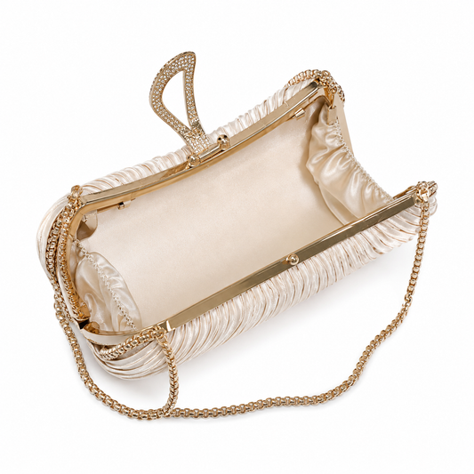 Champagne Rhinestone Pleated Evening Bag for Women, Detachable Chain Handle Shoulder Bag, Elegant Wedding Party Clutch