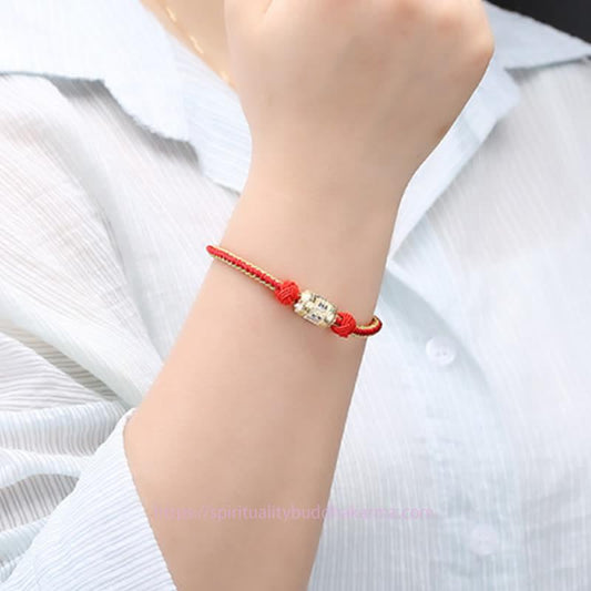 Ancient Tibetan Buddhist Red String Tradition  925 Sterling Silver Om Mani Padme Hum Prayer Wheel Luck Strength Red String Bracelet