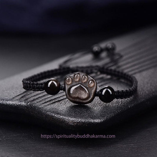 Ancient Tibetan Buddhist Red String Tradition  Natural Silver Sheen Obsidian Gold Sheen Obsidian Cat Claw Soothing Braided Bracelet