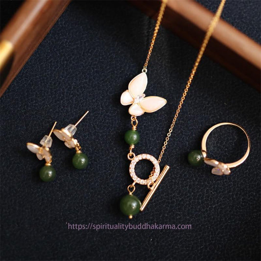 Jade  Natural Cyan Jade Tridacna Stone Butterfly Bead Healing Necklace Pendant Ring Earrings