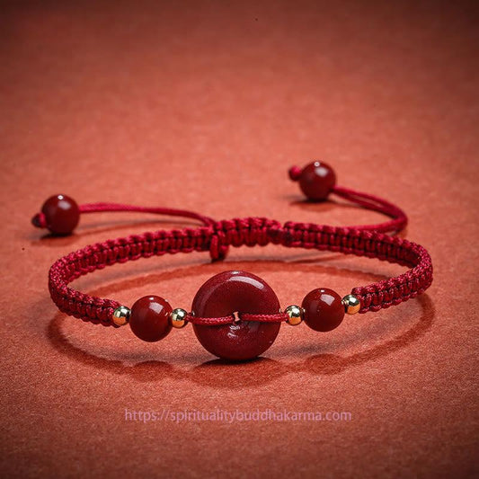Bracelet de la paix en cinabre naturel, boucle de bénédiction, selon la tradition bouddhiste tibétaine ancestrale du fil rouge 
